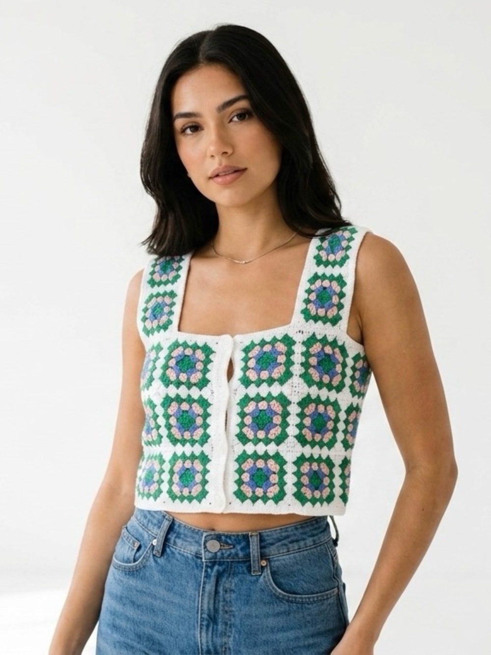 Idem Ditto Crochet Granny Square Crop Top Tank Boho Cottagecore Coquette Retro